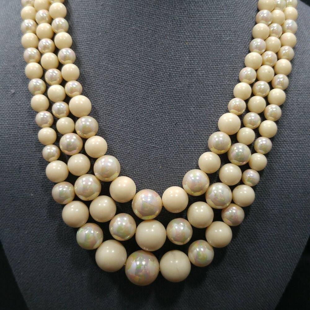 Vintage Mid Century Beige Iridescent Glass Beaded Necklace, 3 Strands, Box Clasp - Picture 2 of 8